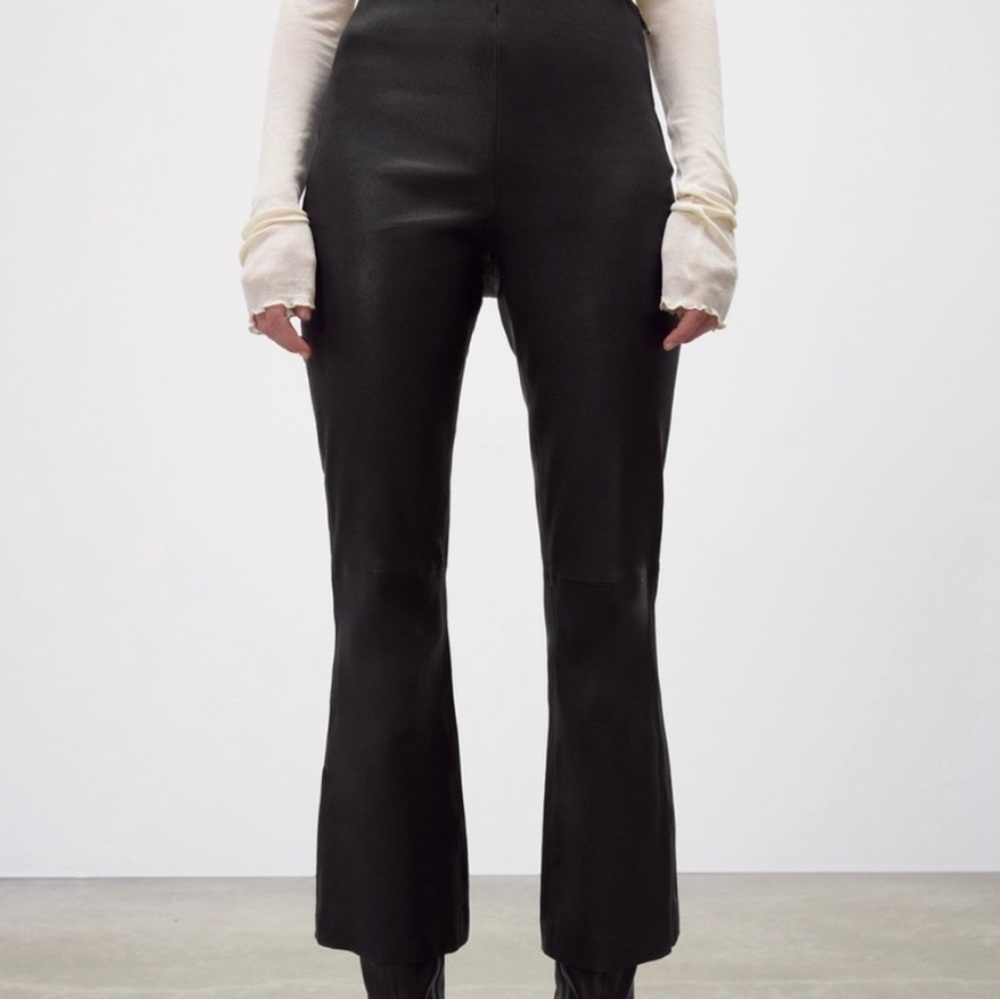 ZARA Genuine Leather Pants Black Cropped Flared XL-w/STRETCH